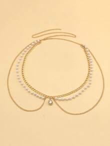 1件女士时尚简约多层金色金属腰链，百搭配饰，可搭配连衣裙，珍珠链身体链 - 金色 - 查看 3