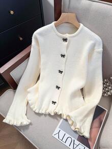 JIANHU Beige Schleife Strick Cardigan - Herbst/Winter Rüschen Saum Glockenärmel Pullover, akzentuiert in Schwarz | Weihnachtsmarkt und Silvester Party - Weiss - Übersicht 4
