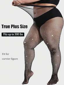 2pcs Plus Size Women's Rhinestone Black & Beige Fishnet Tights, High Elasticity Small Mesh Shiny Nightclub Dance Pants - Multicolor - View 6
