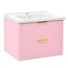 Wall-Hung Single-Basin Vanity Unit With Sink, Double Storage, Moisture-Resistant MDF, Stain-Resistant Ceramic Sink, Lacquer-Free Melamine Surface, Space-Saving, In Pink - Pink - View 11