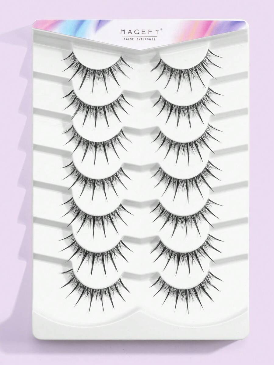 MAGEFY 7/14 pares de pestañas postizas de estilo de dibujos animados, ligeras y naturales - Banda transparente de pestañas falsas de visón de ojos de gato, crea un maquillaje diario natural - Reutilizables, cómodas, aptas para principiantes - Negro - Ver 1