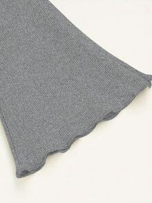 女童纯色竖条纹高弹舒适公主风长款打底裤，春夏新款喇叭裤，女童褶裥喇叭裤高腰弹力荷叶边长裤，少女休闲百搭阔腿裤 - 灰色 - 查看 5