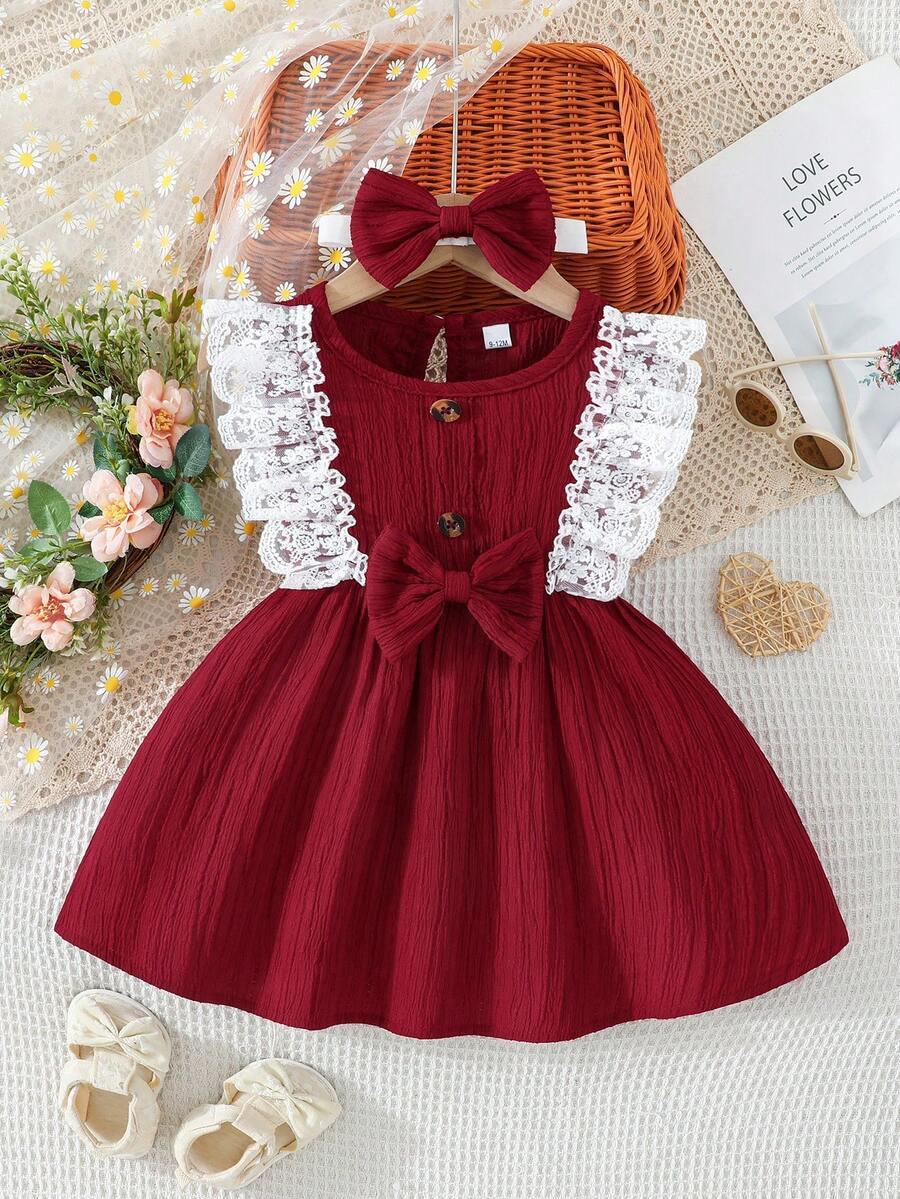 Baby Girl White Lace Ruffle Green Sleeveless Dress + Headband - Burgundy - View 1
