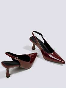 Women's Burgundy Formal Patent Leather High Heel Pumps, Pointed Toe Slingback High Heel Sandals With Buckle And Ankle Strap - Burgundy - View 4
