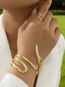 1 Set Minimalist Geometric Open Bangle Bracelet Set, Elegant & Fashionable For Women - Yellow Gold - View 2