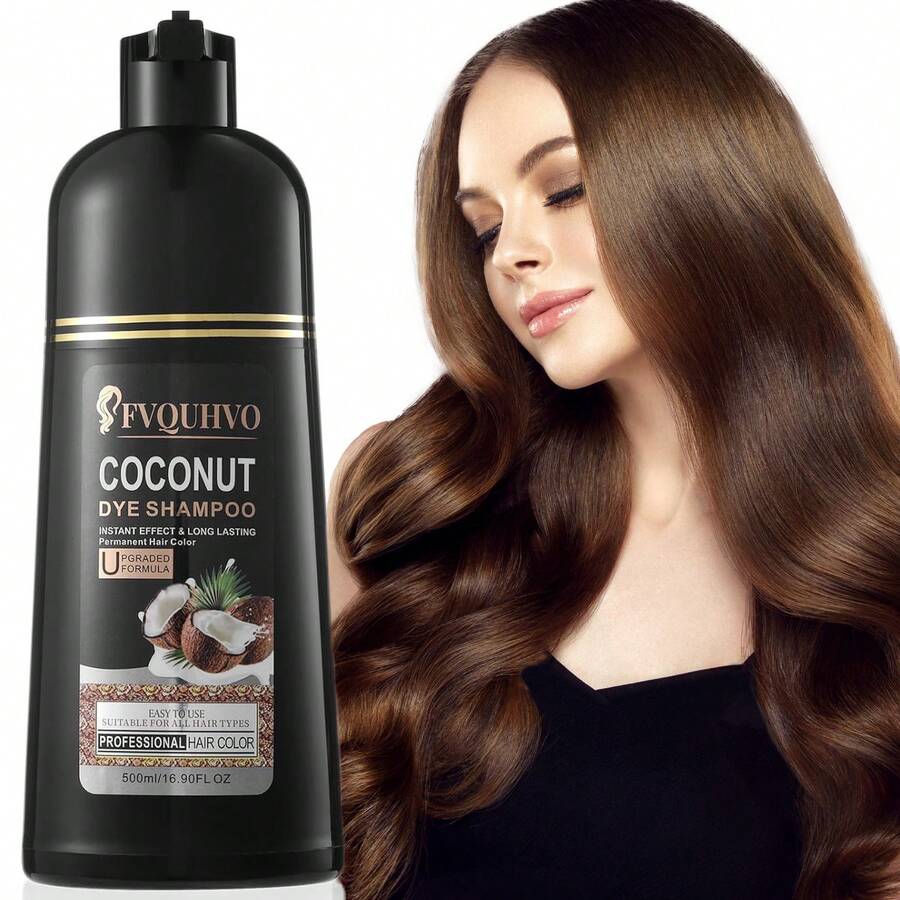 FVQUHVO Hair Dye Shampoo 3 In 1 Coconut Oil For Gray Coverage, Semi-Permanent Color Shampoo For Women Men, Coconut Brown Hair Color Shampoo For Grey Hair, Instant Long-Lasting Hair Coloring, 500ML- Chestnut Brown - Chestnut Brown - View 1