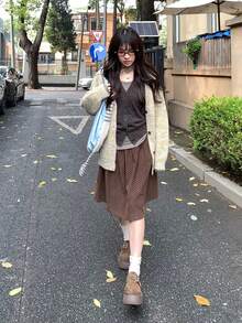 灯芯绒波点A字迷你裙，韩版休闲春季款 - 咖啡棕 - 查看 4