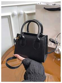 Bolso de mano de unicolor de PU, bolso cuadrado pequeño minimalista y casual, bolso de hombro mini para ir al trabajo, bolso cruzado de moda para exteriores - Negro - Ver 6