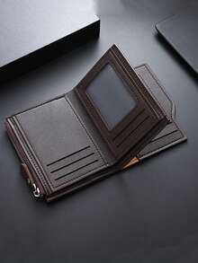 1pc Men's Solid Color Short Wallet With Side Zipper, Multi-Functional Card Slots - Multicolor - View 3