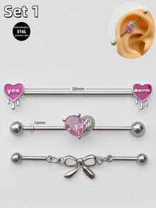 Morlyda 3件套可爱粉色工业耳环旋转蝴蝶工业穿刺饰品不锈钢心形工业耳环男女通用翅膀工业杆穿刺耳骨螺旋穿刺耳环花朵兔子工业杠铃身体穿刺饰品38毫米1.5英寸工业穿刺杆情人节礼物情人节派对日常佩戴夜生活社交聚会日常佩戴 - 粉色 - 查看 12