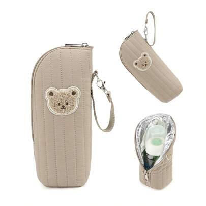 1 pieza Bolsa aislada para botellas de mamá, de material de algodón con forro de papel de aluminio, mantiene las botellas calientes, se cuelga en el cochecito, diseño de oso de dibujos animados