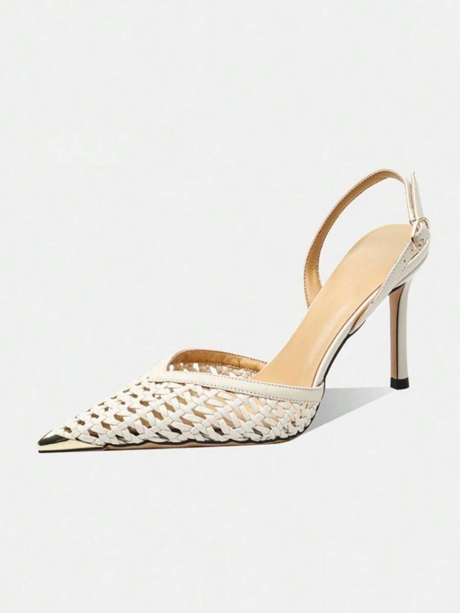 Giày cao gót lưới rỗng phong cách Âu Mỹ, quai mắt cá chân bằng kim loại thoáng khí, mũi nhọn, quai đan cho nữ - Màu be - Xem 1