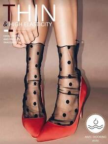 1 双女士丝袜，透明网眼丝袜，黑色薄袜，经典波点元素，精选轻薄网眼面料，复古时尚。 - 黑色 - 查看 1