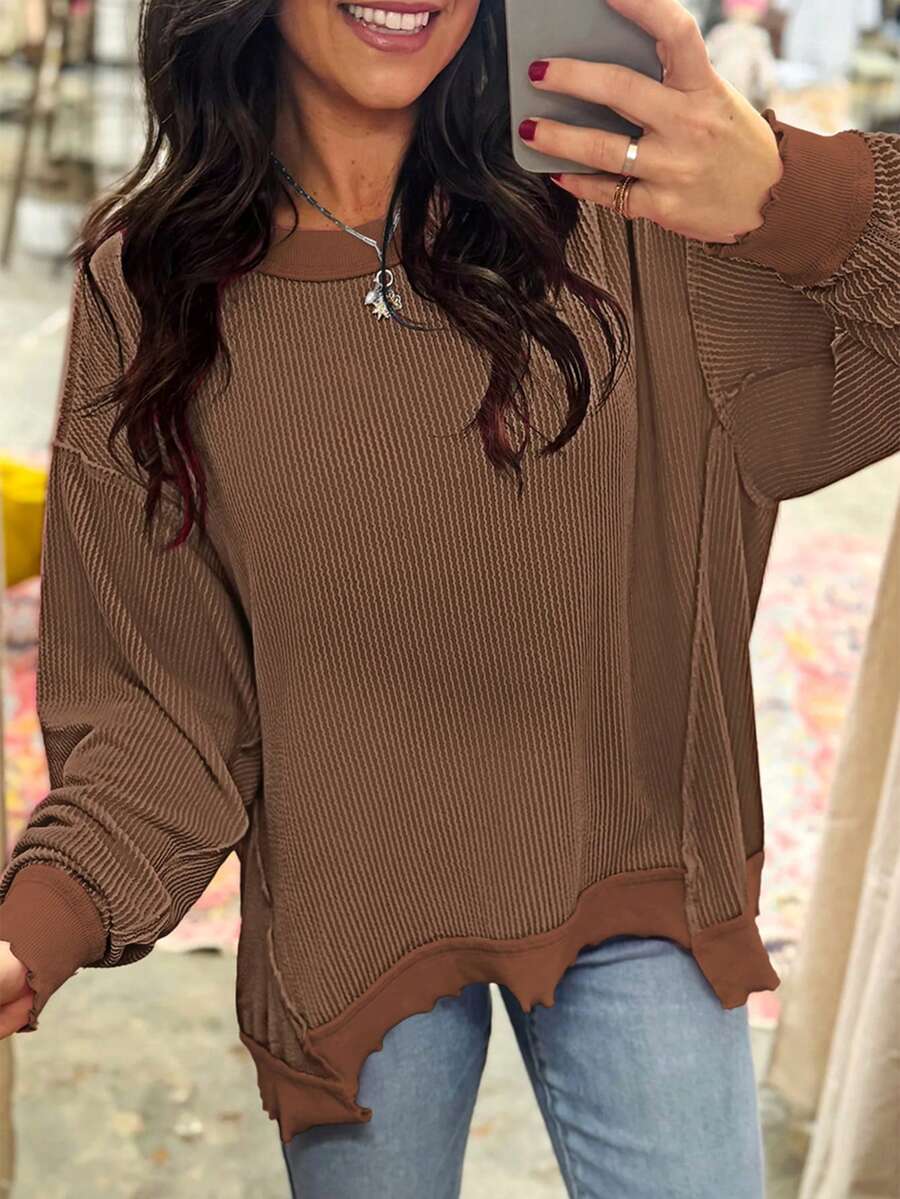 Acelitt Herbst einfarbiges, strukturiertes gestreiftes Langarm Lässig Loose Rundhalsausschnitt T-Shirt mit Bündchen - Braun - Übersicht 1