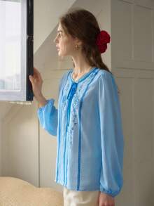 Simple Retro Women's Light Blue Sheer Chiffon Contrast Embroidery Long Sleeve Blouse, Vacation Style, Spring/Summer - Blue - View 7