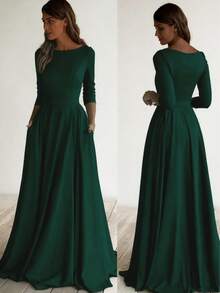Solid Color Elegant Knit Fabric Zipper Pleated Wedding - Dark Green - View 1