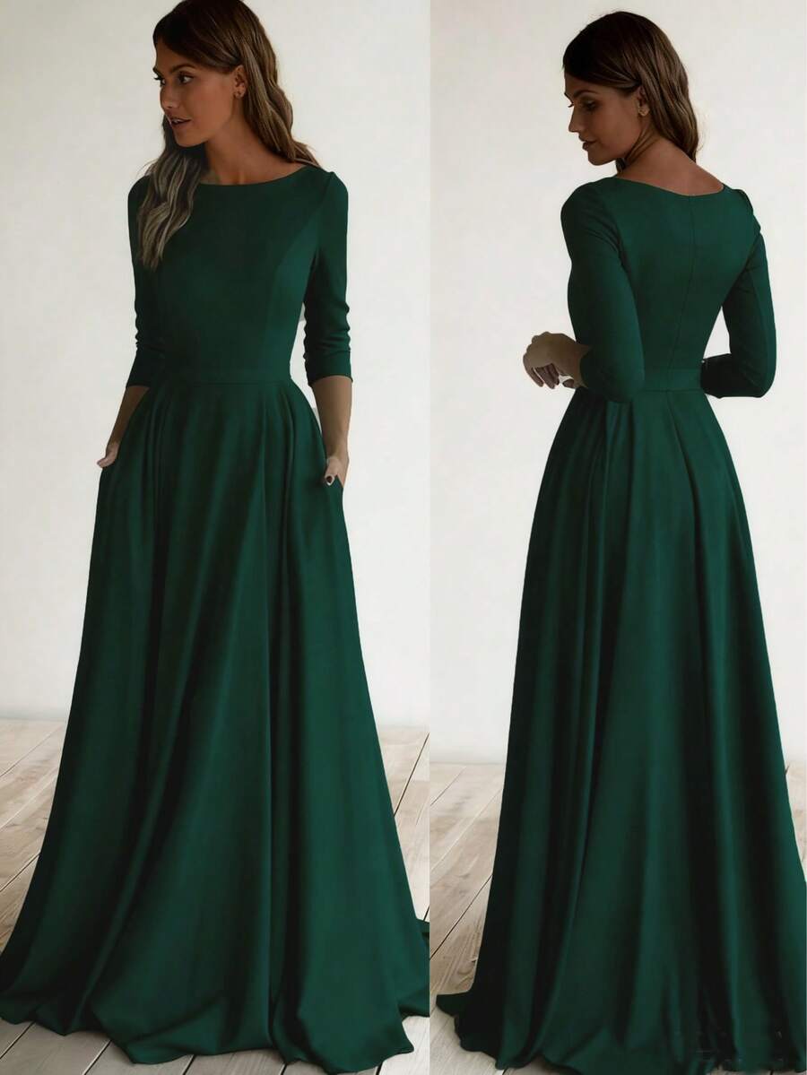 Solid Color Elegant Knit Fabric Zipper Pleated Wedding - Dark Green - View 1