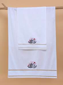 Juego de toallas para pareja o individual para el Día de San Valentín - Toalla de baño de algodón puro con bordados de gato y motivos de corazón, ultra suave y absorbente con ribete dorado, decoración de baño lujosa - Blanco - Ver 5