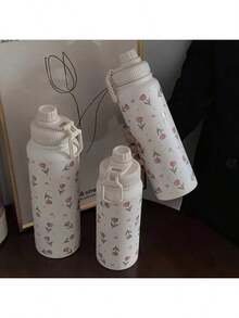 1pc Pink Tulip Heart Shaped Stainless Steel Vacuum Insulated Water Bottle - Double Wall Insulated, Suitable For Hot & Cold Drinks, Capacity Options: 20.29oz/27.05oz/33.81oz, Great For Travel, Fitness, Outdoor Activities And Gifting