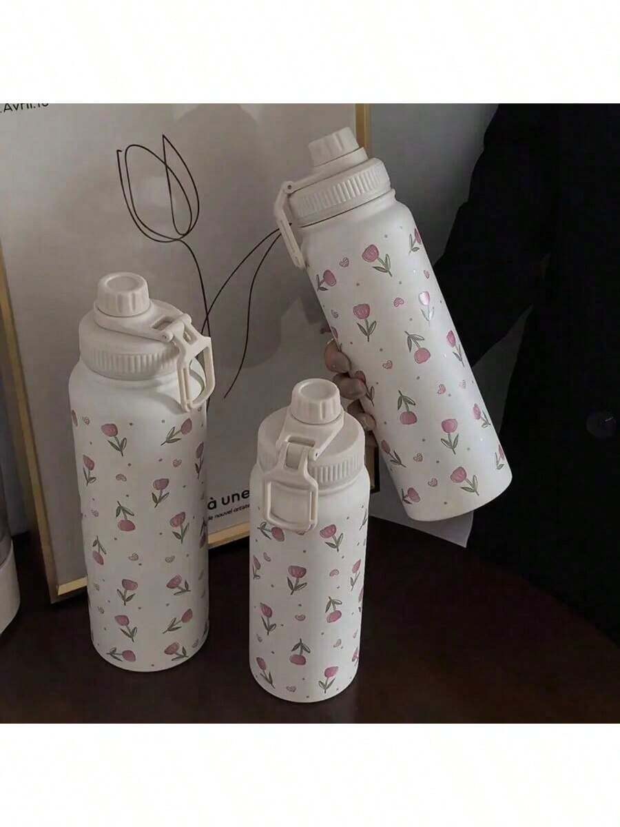 1pc Pink Tulip Heart Shaped Stainless Steel Vacuum Insulated Water Bottle - Double Wall Insulated, Suitable For Hot & Cold Drinks, Capacity Options: 20.29oz/27.05oz/33.81oz, Great For Travel, Fitness, Outdoor Activities And Gifting