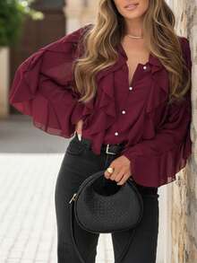 Romantic Wine Red Ruffle Chiffon Blouse, Women's V-Neck Sheer Button-Up Shirt With Layered Ruffle Cuffs, Casual & Formal Lightweight - Burgundy - View 7