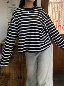 Womens Loose Tunic Tops Long Sleeve Round Neck Stripes Print T-Shirts Spring Fall Blouses - Navy Blue - View 4