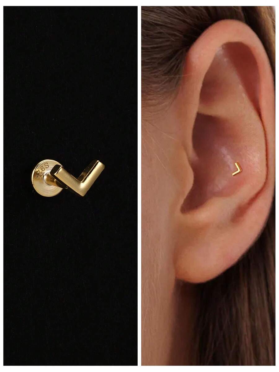 1 pieza Pendiente asimétrico de plata de ley 925 para mujer, pendiente de botón con parte posterior plana para hélix y cartílago, para uso diario, bodas, fiestas, compromisos y regalos de Navidad, joyería fina - Dorado - Ver 1