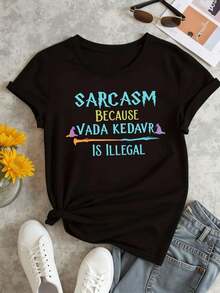 T-shirt graphique sarcastique pour femme, coton premium, col rond, coupe décontractée, style street hip-hop - Noir - Voir 2