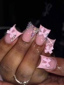10片装 0.8英寸 短款鸭嘴美甲贴片 | 手工粉色法式美甲，带3D蝴蝶结、彩色闪粉和手绘线条 | Y2K西部朋克风亚克力假指甲，适合日常派对佩戴 - 粉色 - 查看 2