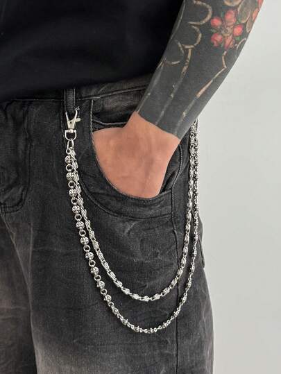 1pc Unique Hip-Hop Geometric Metal Chain Belt, Used For Pants Decoration, Multi-Layer Flower Paperclip Chain Body Chain, Suitable For Men's Daily Wear And Parties, Ideal Gift For Men, Birthday Gift, Holiday Gift