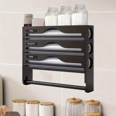 LOVEWE Dispensador multifuncional 4 en 1 - Montado en la pared/de doble montaje, para despensa/encimera, esencial para Acción de Gracias/Navidad, acabado en negro/madera