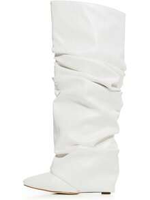 Women's Slouched Ruched Fold Over Boots - Patent Leather Covered Wedge Heel Wide Calf Pointed Toe Knee High Casual Boots - White - View 1