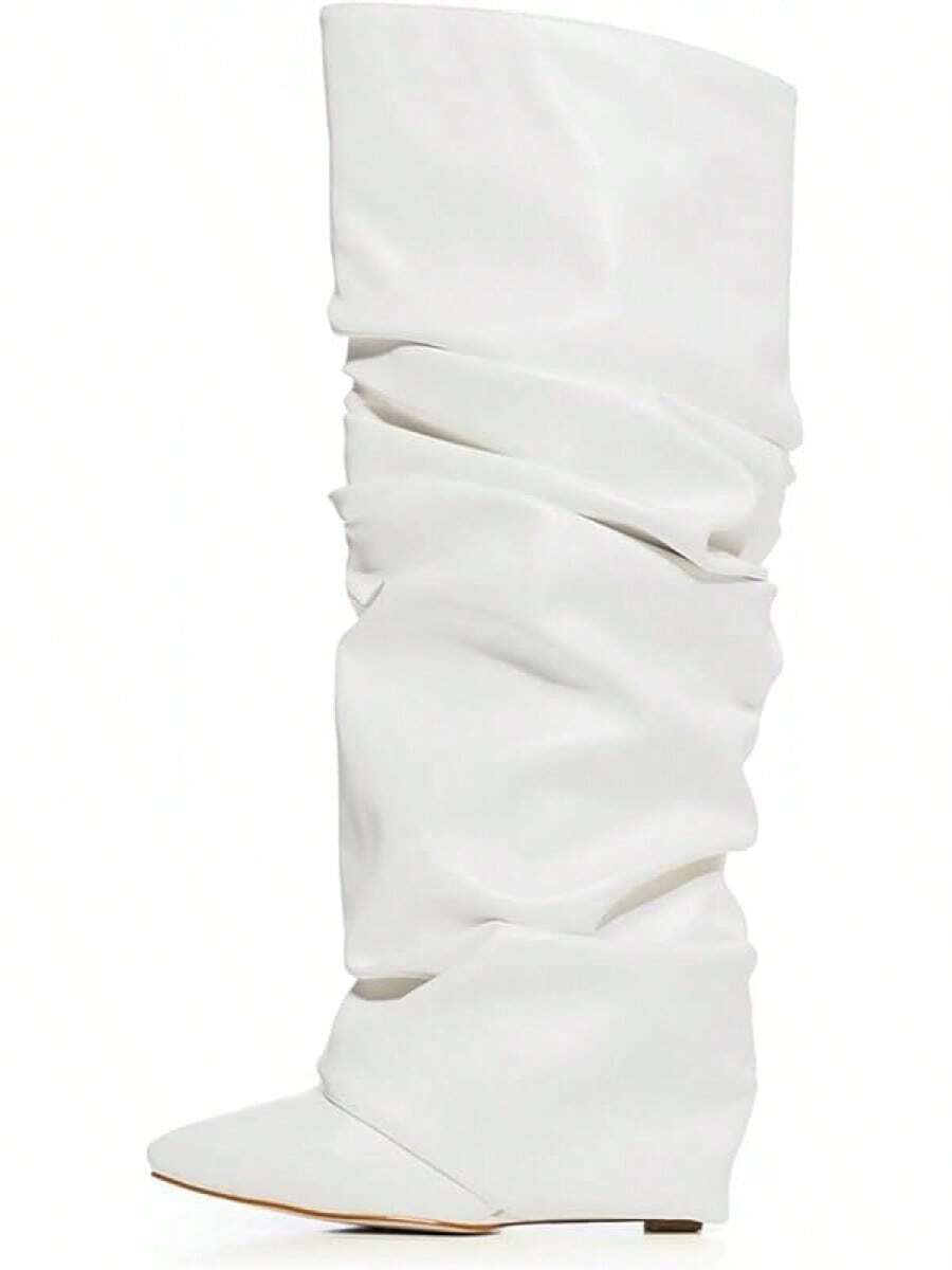 Women's Slouched Ruched Fold Over Boots - Patent Leather Covered Wedge Heel Wide Calf Pointed Toe Knee High Casual Boots - White - View 1