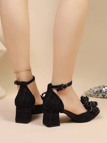 2025 New Basic Bow Rhinestone Decor Black High Heel Pumps, Pointed Toe Sexy Stilettos For Dresses, Autumn/Winter,Chunky Heels - Black - View 4