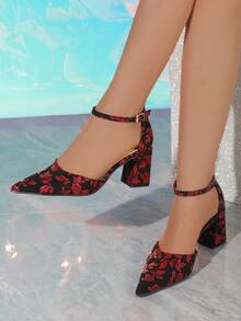 New Style Black Base Red Flower Pointed Toe Hollow Out Chunky High Heel Women Shoes - Red and Black - View 2