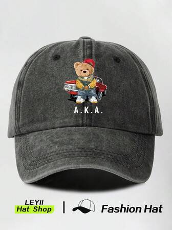 1pc AKA Sports Car & Cartoon Bear Print Vintage Adjustable Baseball Cap, Solid Color Sun Visor Hat Suitable For Outdoor Sports, Gatherings And Streetwear
