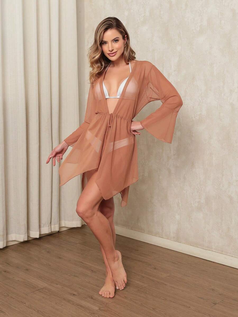 Transparent Tulle Beach Cover-Up With Waist Strap - 棕色 - 查看 1