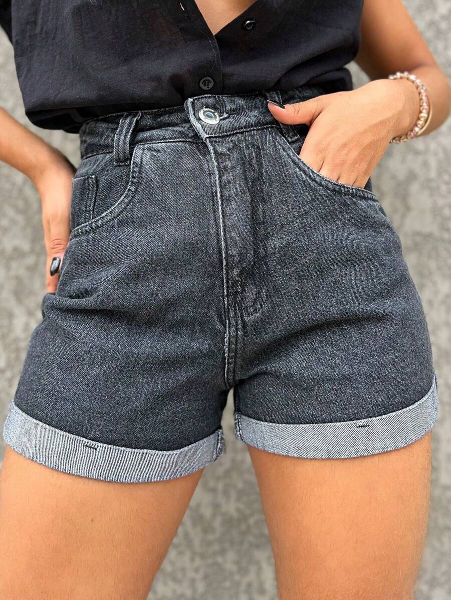 Women's Mom Jeans Shorts, High Waist, Comfortable, Premium Quality, Stylish, Casual - com cinto Grafite - View 1