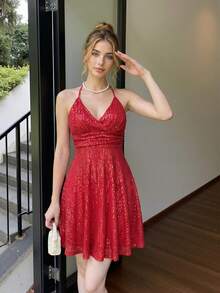D&M Women's Solid Color Sequin Waist Ruched Criss-Cross Strap Dress - Red - View 5
