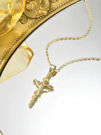 1pc Fashionable Minimalist Cross Jesus Pendant Necklace, Christian Element Women's Necklace, Delicate Cross Necklace For Women, Suitable For Daily Wear And Gift Jewelry