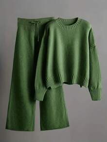 2pcs/Set Solid Color Crew Neck Long Sleeve Top And Pants Casual Outfit Fall Winter Cloth For Women Women'S Oversized Round Neck Sweater & Wide-Leg Pants Two-Piece Set - Soft Beige Casual Elegant Outfit, Drop Shoulder Long Sleeve Pullover With Ribbed Texture, Loose Fit Trousers Fall Winter Warmth, Cozy Everyday To Semi-Formal Wear, Sweaters Women, Sweater Dresses Women, Sweater Set Women Conjunto De Mujer Conjuntos Mujer Two Piece Set Women Buscar Christmas Outfit Women Winter Clothes For Women Vestido De Mujer Conjuntos Elegantes De Mujer Conjuntos Elegantes Winter Clothes For Women Christmas Outfit Women New Years Outfit Women Vacation Outfits Women Ropa De Invierno Mujer Dresses For Women Elegant Christmas Outfit - màu xanh lá - Xem 1