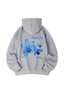 女士印花长袖抽绳连帽卫衣，带口袋，休闲宽松套头衫，时尚冬季服装，适合日常穿着 - 深花灰 - 查看 4
