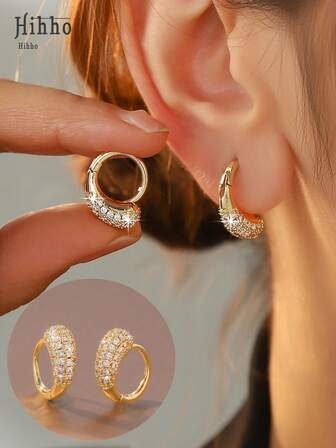 Hihho 1 Pair Teardrop Shaped Gold-Tone Hoop Earrings With Partial Cubic Zirconia Accents, Classic & Minimalist Design, Suitable For Casual And Semi-Formal Outfits