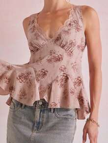Women's V Neck Wide Strap Crop Tank Tops Slim Fit Sleeveless Going Out Top Lace Trim Peplum Ruffle Hem Back Tie Cutout Cami Tops Fashion Printed Casual Halter Tops - 粉色 - 查看 3