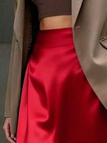 EARO 女士欧美时尚优雅缎面高端日常百搭半身裙，高腰显瘦弹力及膝A字裙，秋冬款 - 大紅 - 查看 4
