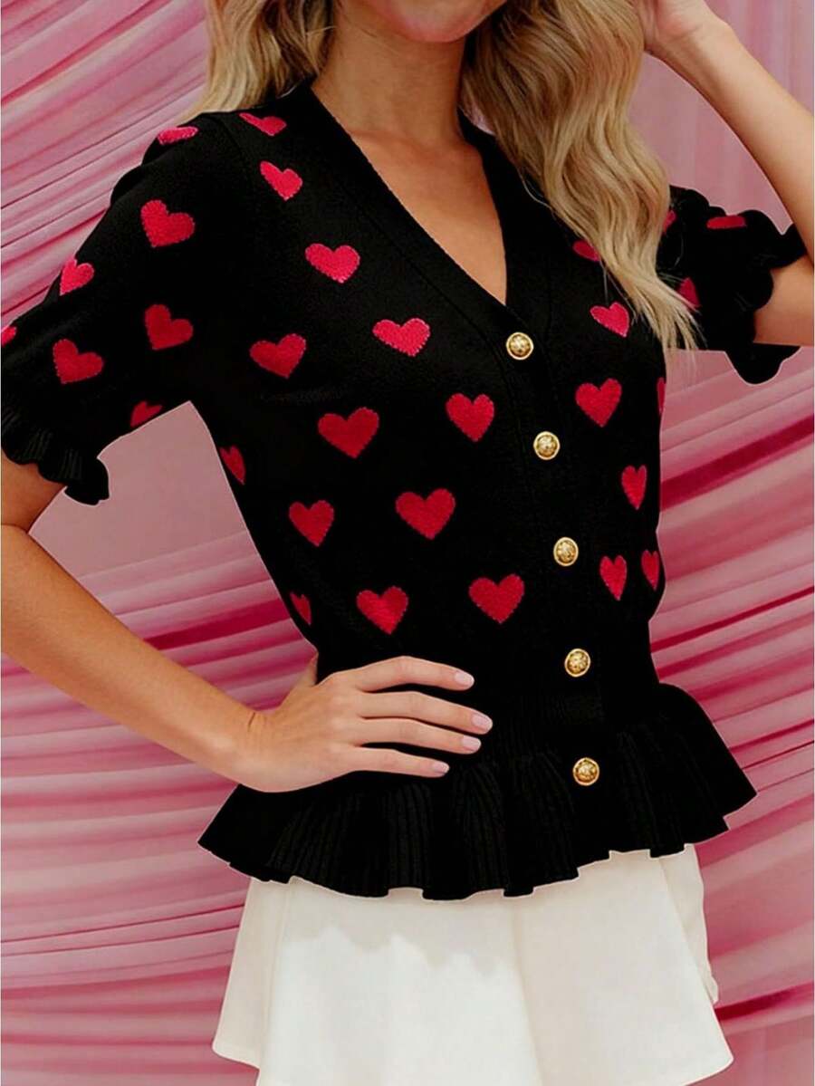 Womens Valentines Knit Cardigan Vest Stylish Love Heart Pattern Ruffled Hem Button Down V Neck Half Sleeve Sweater Jacket - Black - View 1