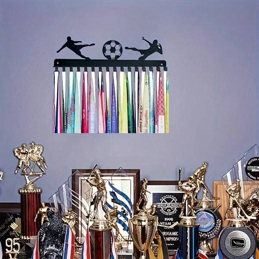 1pc Football Medal Hook Display Stand, Medal Holder, Solid Black Steel Metal, Wall-Mounted For Over 50 Medals, Easy To Install, Hook Display Stand