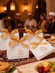10 CÁI/1 CÁI/Túi quà Eid Mubarak, Túi quà Ramadan có ruy băng Túi đựng quà Eid Mubarak Túi quà Eid cho Ramadan Kareem Đồ dùng cho tiệc Eid Mubarak - Trắng - Kiểu A + Ruy băng vàng - Xem 5
