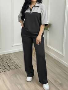 2 件套女士休闲套装，轻盈时尚修身运动宽松裤套装，春夏 - 深空灰 - 查看 5