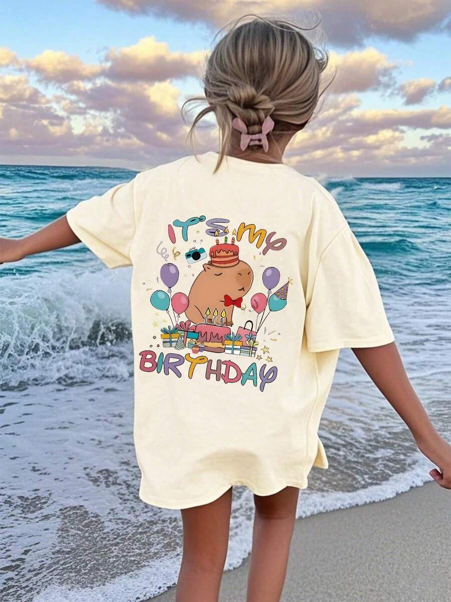 Emotionally Stable Capybara, Tween Boy Casual Fashion Creative Minimalist Pattern T-Shirt, Suitable For Children In Summer, Teenager Shirt - Apricot - View 1